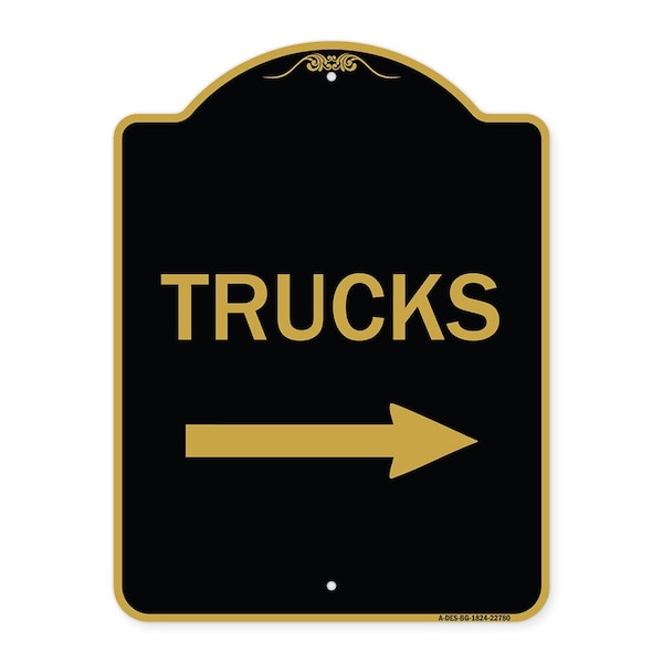 Trucks Sign Trucks W/ Right Arrow, Black & Gold Aluminum Sign, 18" x 24", BG-1824-22780